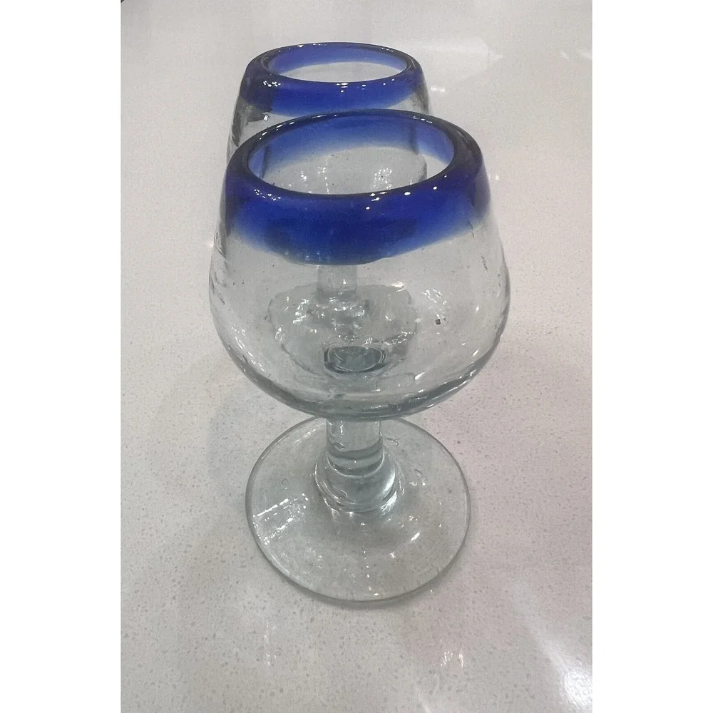 Mexican Hand Blown Glass Brandy Cognac Tequila Snifter Cobalt Blue Rim Set Of 2